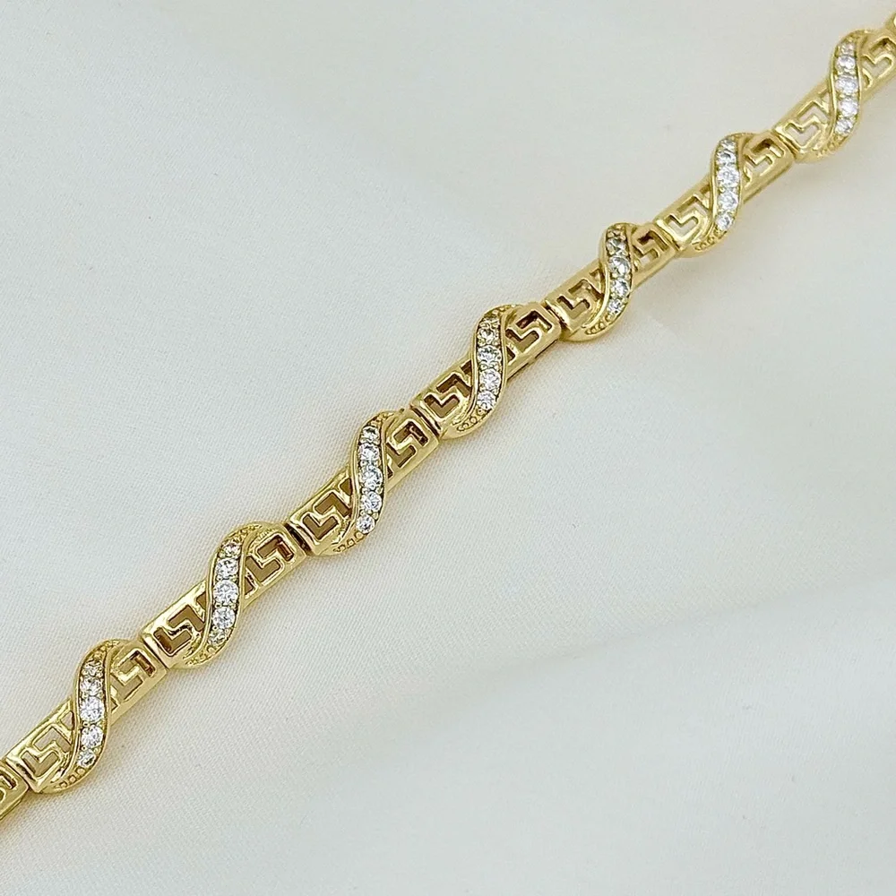 14K Gold Plated Greek Key Bracelet w/ Pavé Zirconia Wrap Detail | Luxury Jewelry